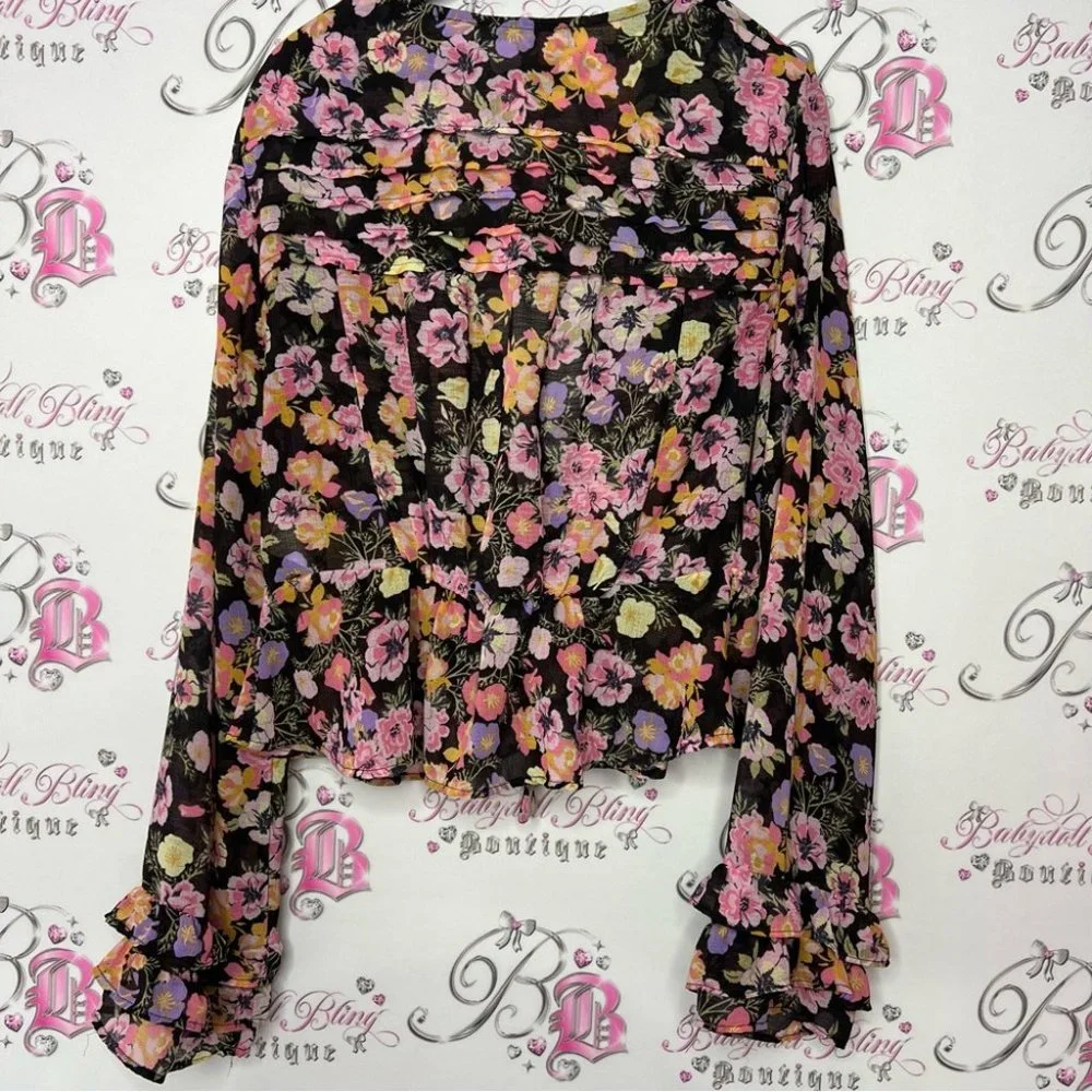 Free people blouse floral flowers rainbow 🌈 mixture neon bow tie ribbon 🎀 - Picture 4 of 14